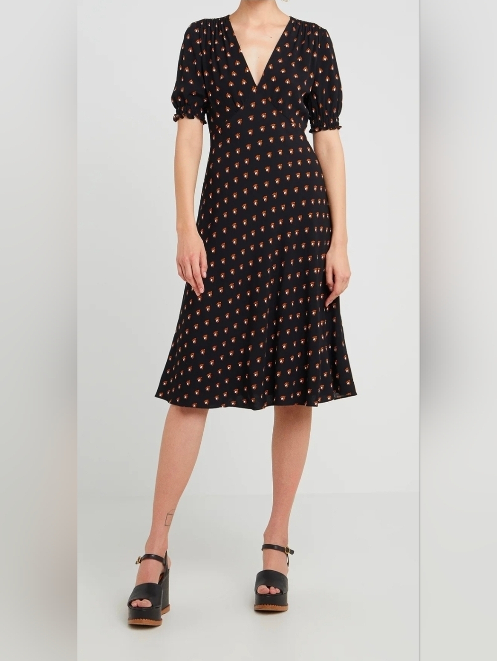 Diane Von Furstenberg Women's V Neck Puffed Short Sleeves Midi Dress 0